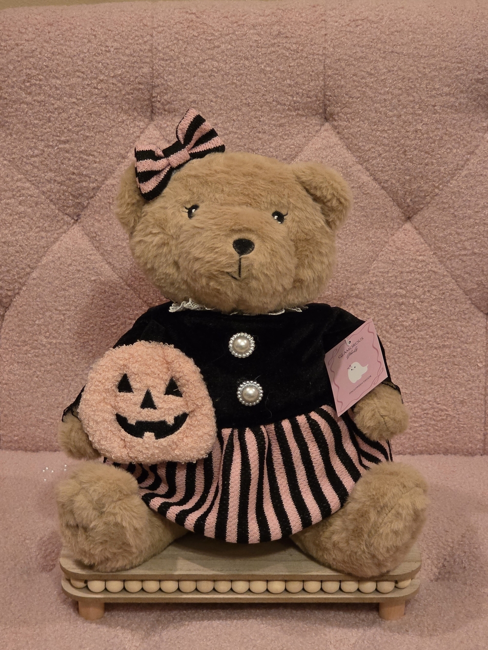 Halloween Bear In Pink and Black Dress With Pink Jackolantern